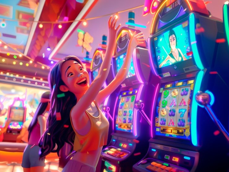 Mesin slot online menampilkan berbagai simbol berwarna di layar seluler dengan pengguna sedang bermain